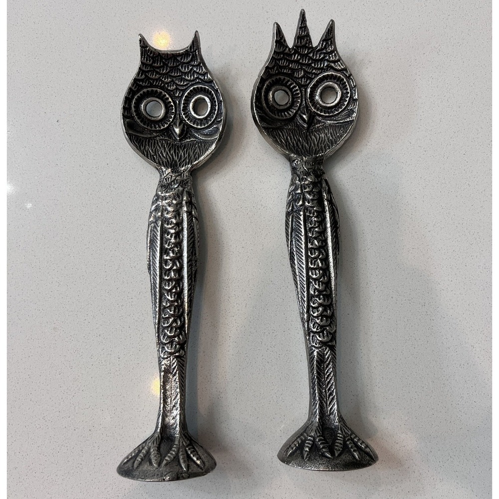Retired Pottery Barn Metal Owl Salad Serving Utensils Pair RARE - Picture 2 of 6
